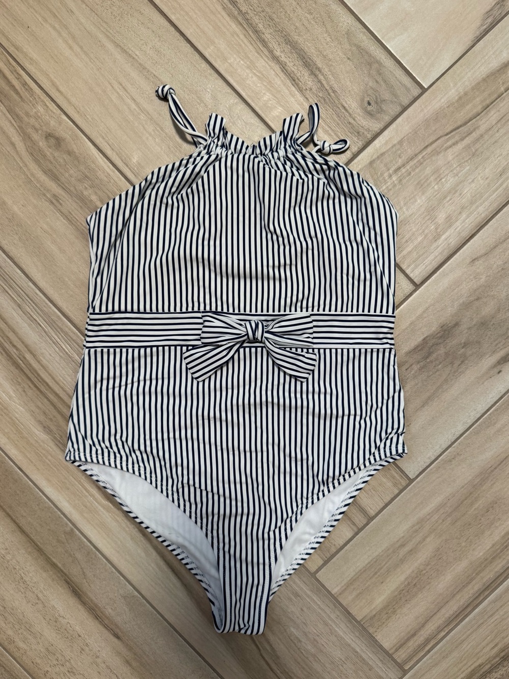 Girls Navy & White Striped One-Piece Swimsuit with Waist Bow